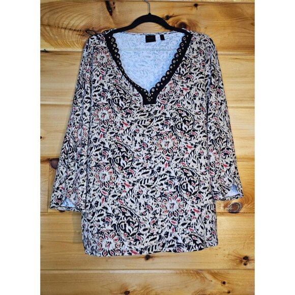 Rafaella Tan Faux Suede Scallop Plus Size 2X Grommet V-Neck Blouse - Picture 1 of 8